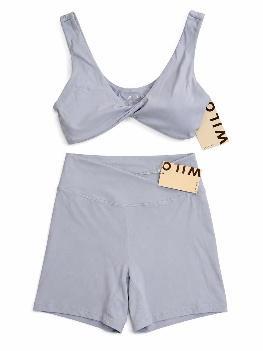 Wilo The Label Twist Sports Bra & V Waist Biker Short Set Powder Blue M NWT - Picture 1 of 8